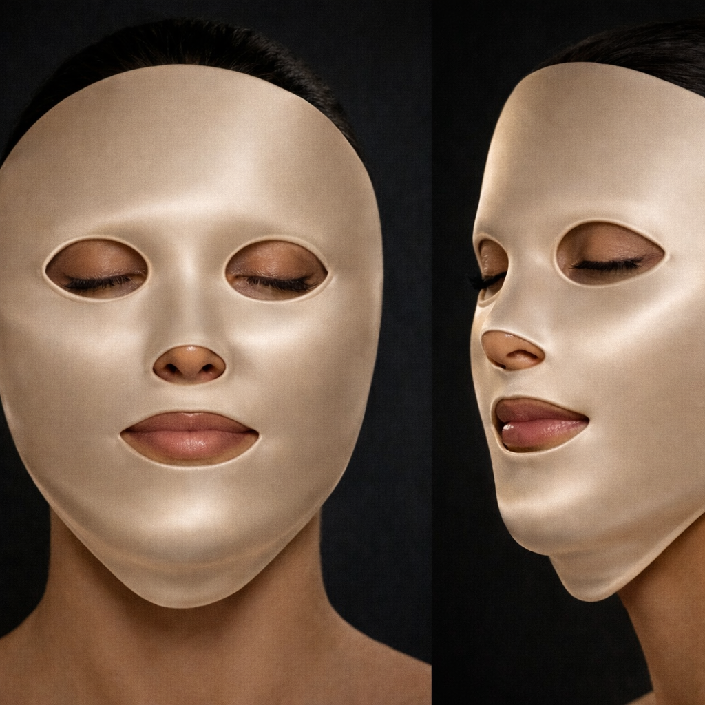 SEDA luxury silk sleep mask — champagne gold full-face coverage shown in front and three-quarter view