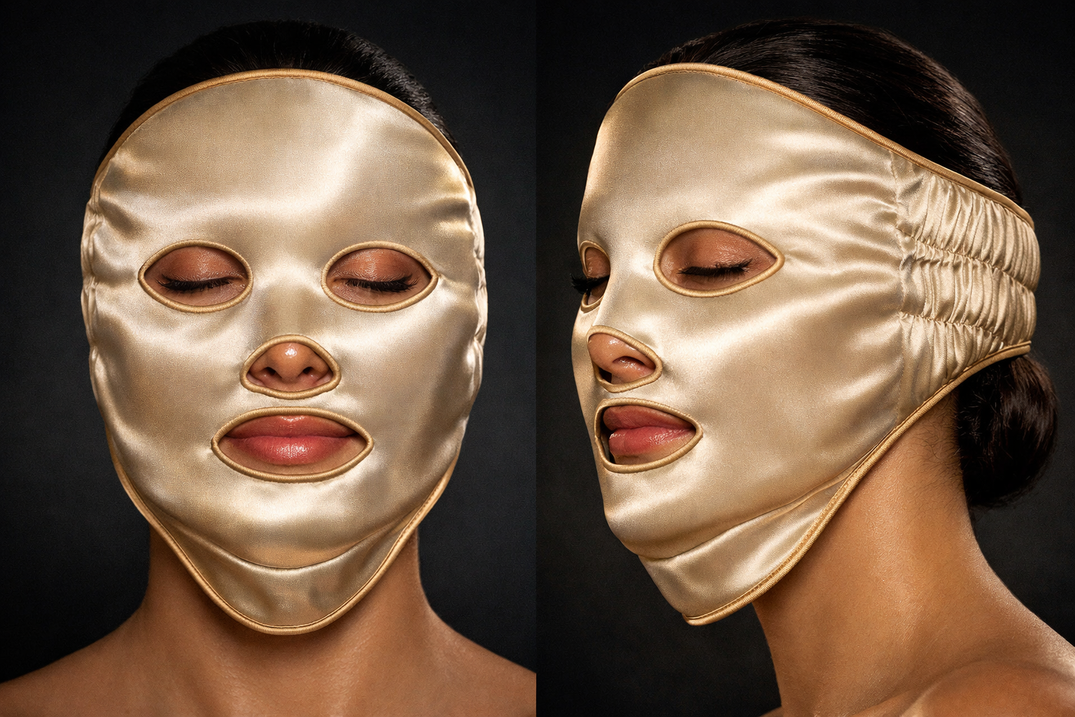 SEDA luxury silk sleep mask — champagne gold full-face coverage shown in front and profile view