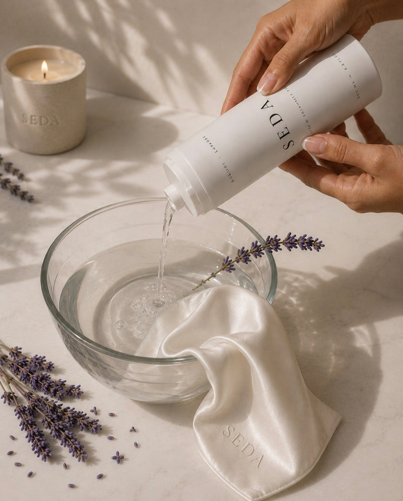 SEDA Silk & Intimates Wash being poured into a glass bowl of cool water with a silk face cloth and fresh lavender