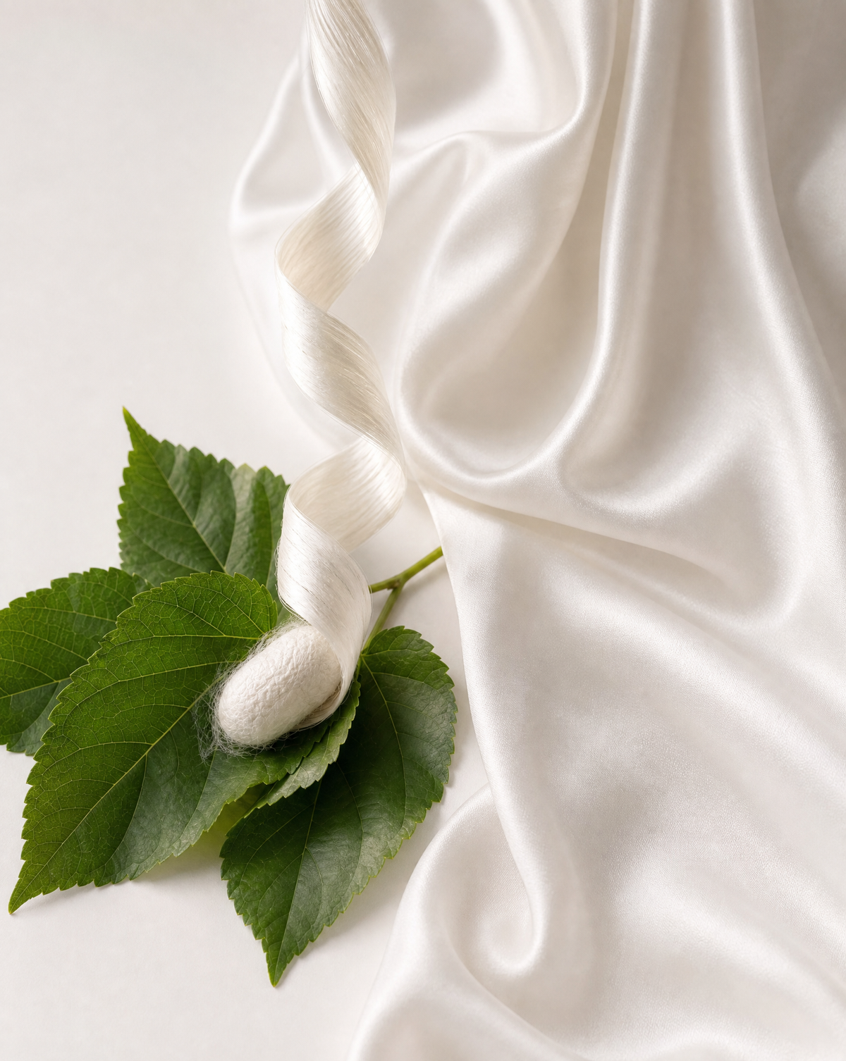 Draped white mulberry silk charmeuse beside a skein of raw silk fibre resting on fresh mulberry leaves
